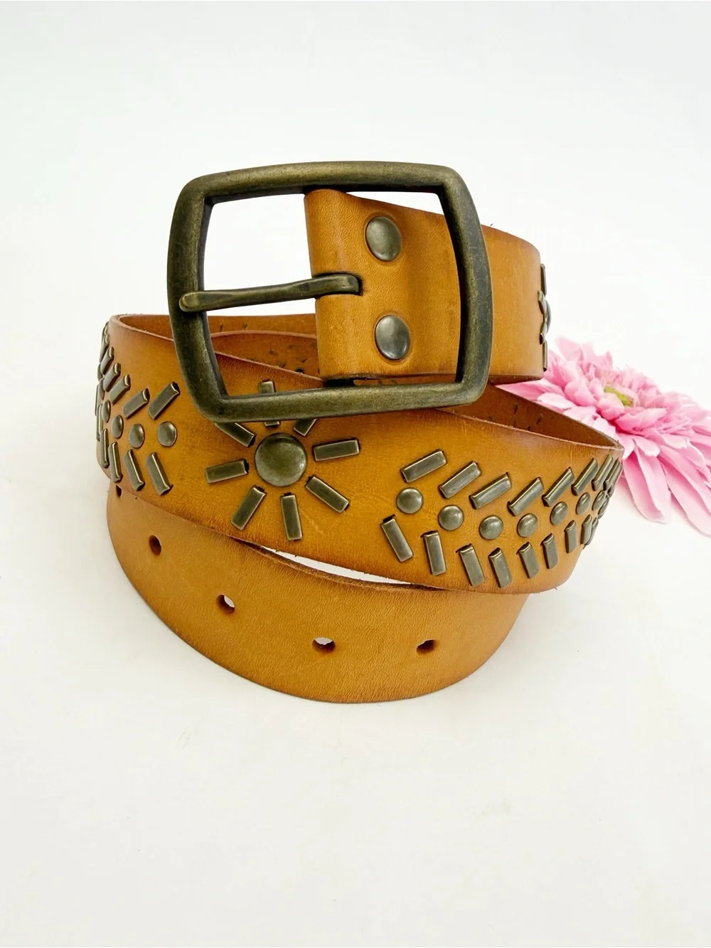 Linea Pelle Studded Leather Belt Tan Cognac Solid Brass Embellishments Boho